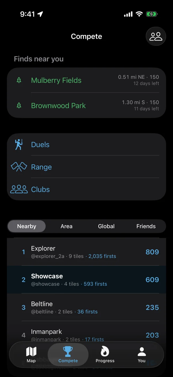 The Compete tab in Jerv on iPhone: finds near you listed with their reward and days remaining, duels, range and clubs, and a nearby leaderboard ranking explorers by cells with tiles and first footers beside each