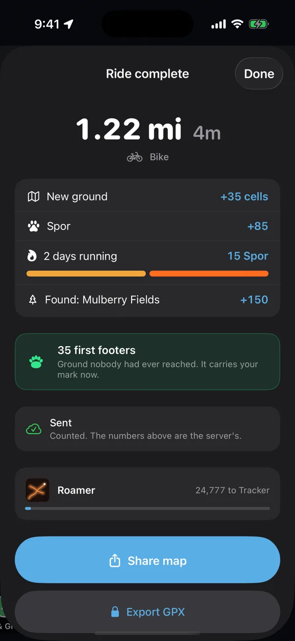 A finished Jerv trip on iPhone: 1.22 miles in four minutes by bike, 35 new cells of ground, 85 Spor, a two-day streak paying 15 Spor, the find Mulberry Fields claimed for 150, a note that all 35 cells were first footers nobody had ever reached, confirmation the trip was sent and counted by the server, and the rank Roamer with 24,777 to go to Tracker